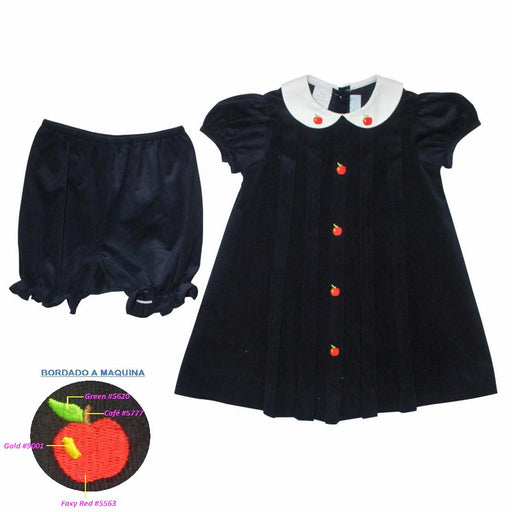 Apple Embroidered Navy Cord Pleated Dress and Panty