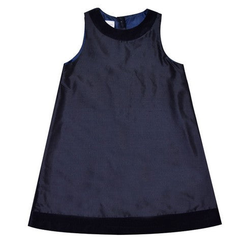 Fjs Navy Silk A Line Dress With Velvet Trim