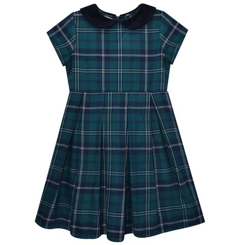 Fjs Teal and Navy Plaid Pleated Dress Short Sleeve