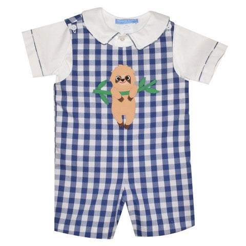 Sloth Applique Navy Big Check Boys Shortall and Shirt Short Sleeve