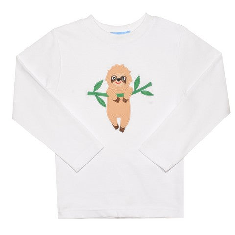 Sloth Applique White Knit Boys Tee Shirt Long Sleeve