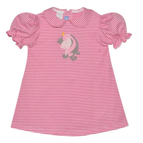 Unicorn Applique Pink Stripe Knit Girls A Line Dress Short Sleeve