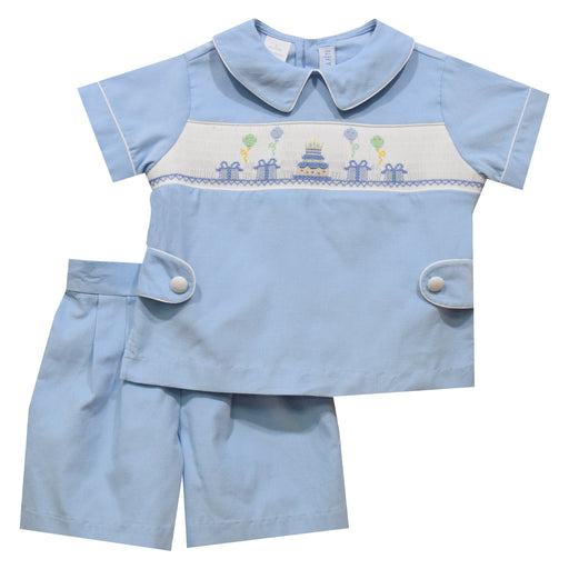 Birthday Smocked Light Blue Corduroy Short Sleeve Boys Short Set