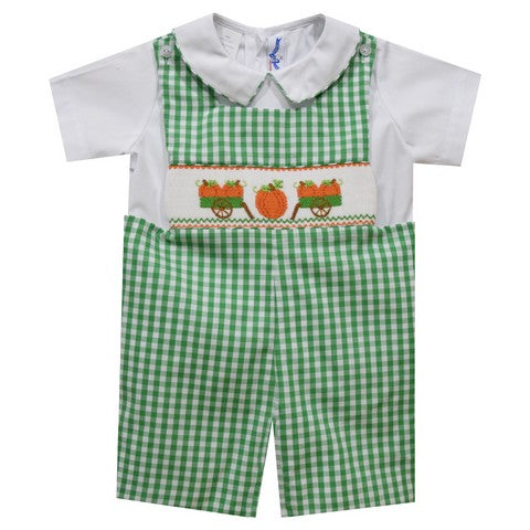 Pumpkin Smocked Kelly Green Medium Check Short Sleeve Boys Shortall And Shirt