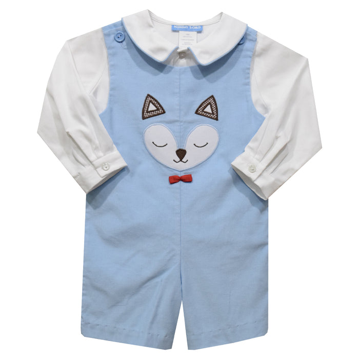 Fox Applique Light Blue Corduroy Boys Shortall and Shirt Long Sleeve