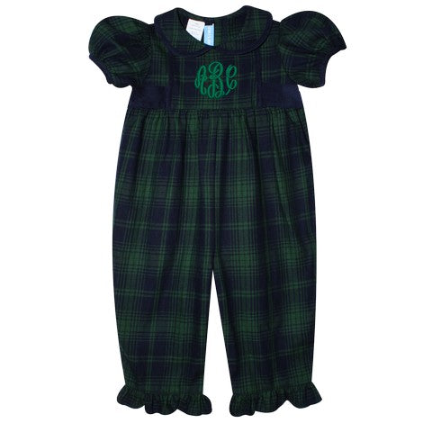 Green and Navy Plaid Girls Long Bubble Short Sleeve