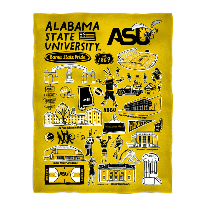 Alabama State Hornets Gold Hand Sketched Vive La Fete Impressions Artwork Plush Soft Minky Blanket 36 x 48