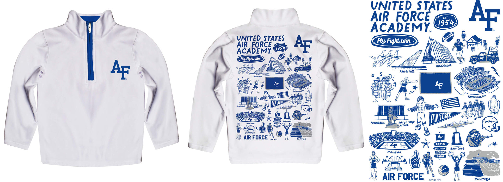 US Airforce Falcons Hand Sketched Vive La Fete Impressions Artwork White Boys Quarter Zip Pullover V1