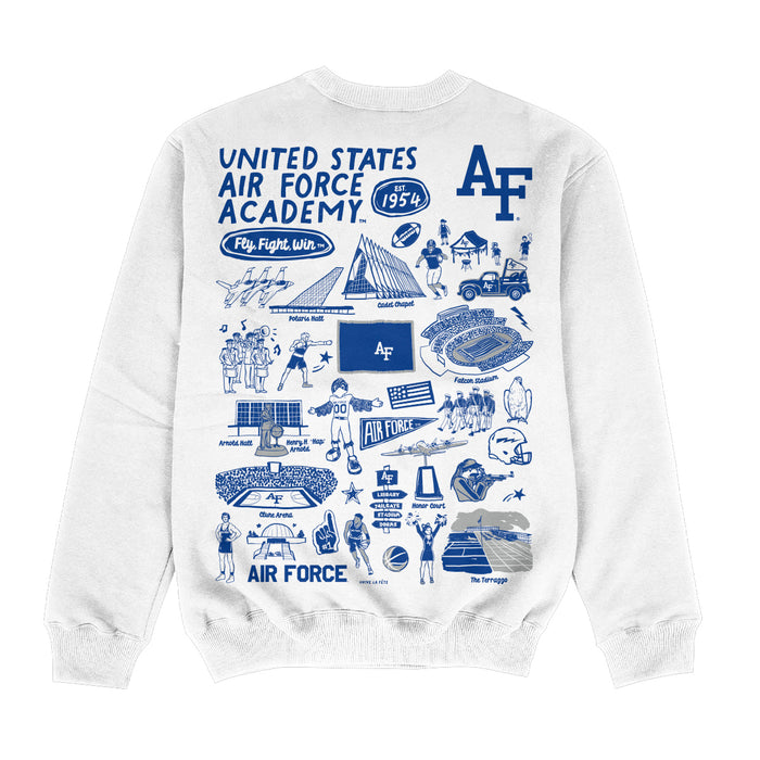 US Airforce Falcons Hand Sketched Impressions Artwork White Crewneck Sweatshirt for Women