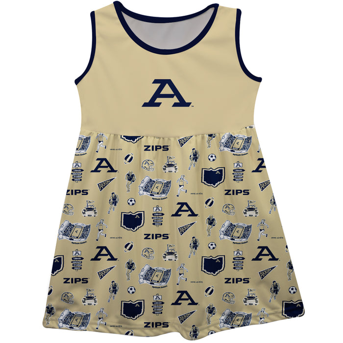 Akron Zips Sleeveless Tank Dress Girls Gold Repeat Print Hand Sketched Vive La Fete Impressions