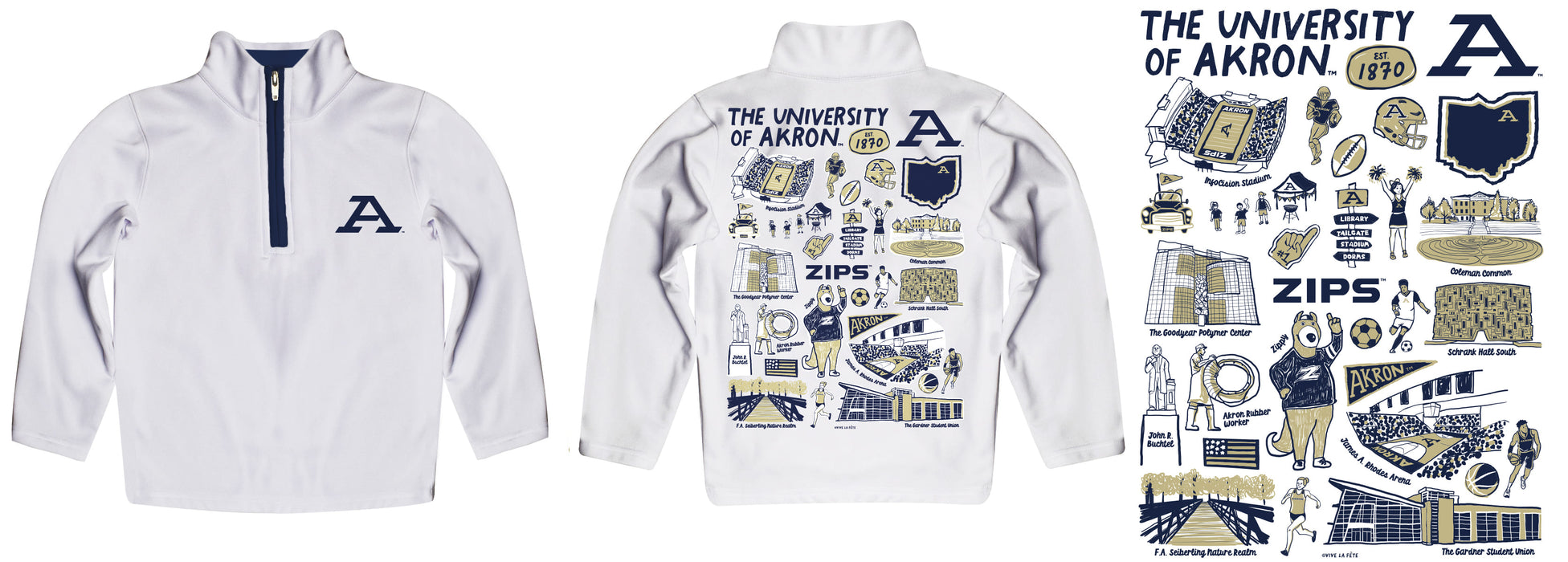 Akron Zips Hand Sketched Vive La Fete Impressions Artwork White Boys Quarter Zip Pullover V1