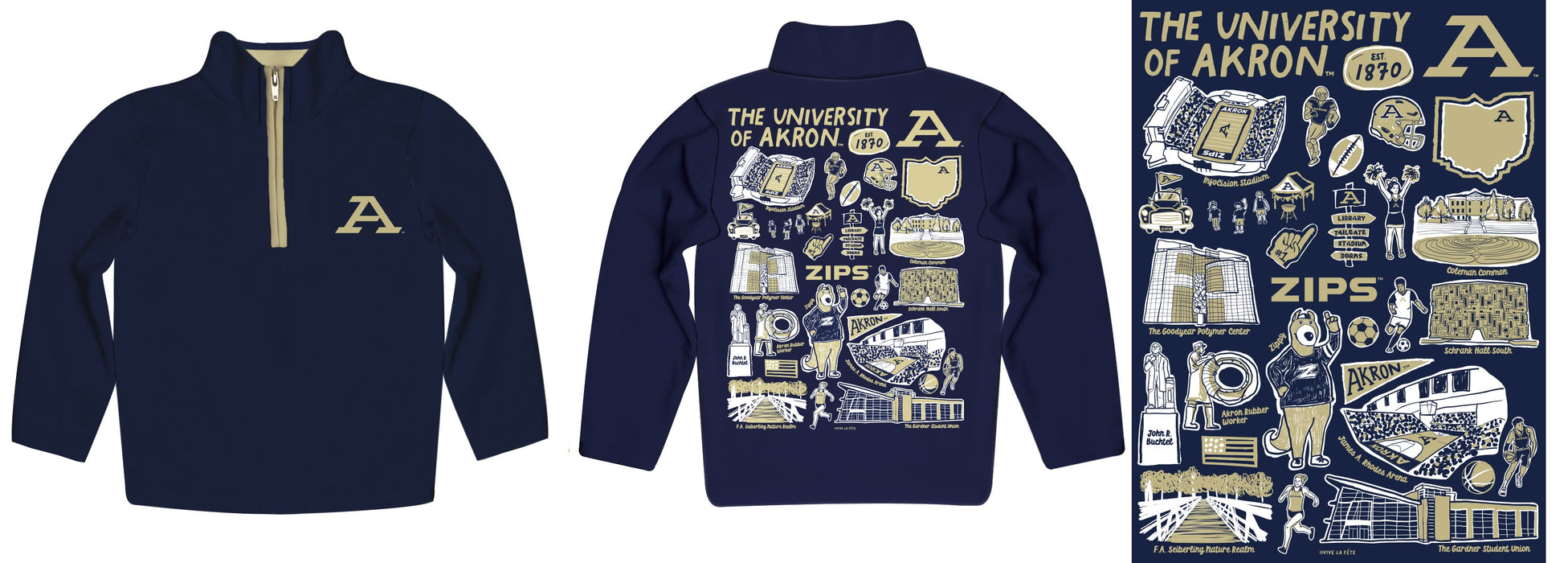 Akron Zips Hand Sketched Vive La Fete Impressions Artwork Blue Boys Quarter Zip Pullover V1