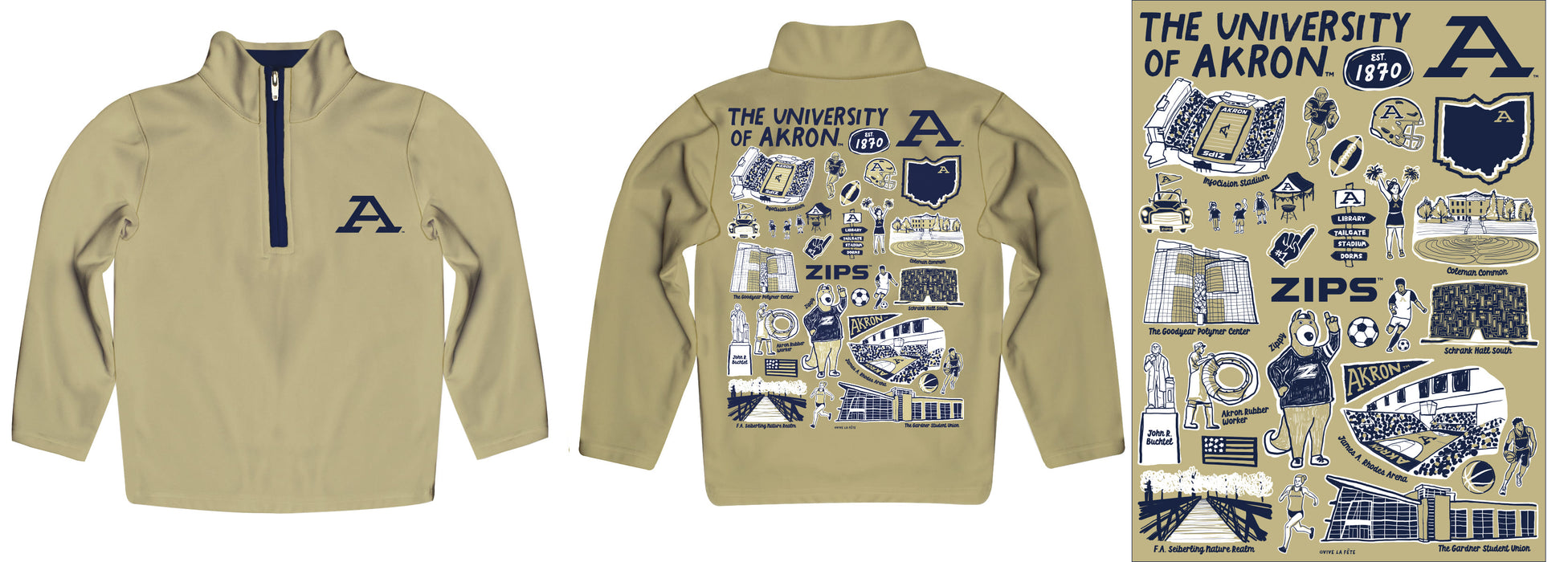 Akron Zips Hand Sketched Vive La Fete Impressions Artwork Gold Boys Quarter Zip Pullover V1