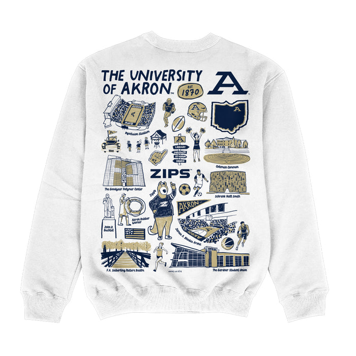 Akron Zips Hand Sketched Impressions Artwork  White Crewneck Sweatshirt for Women