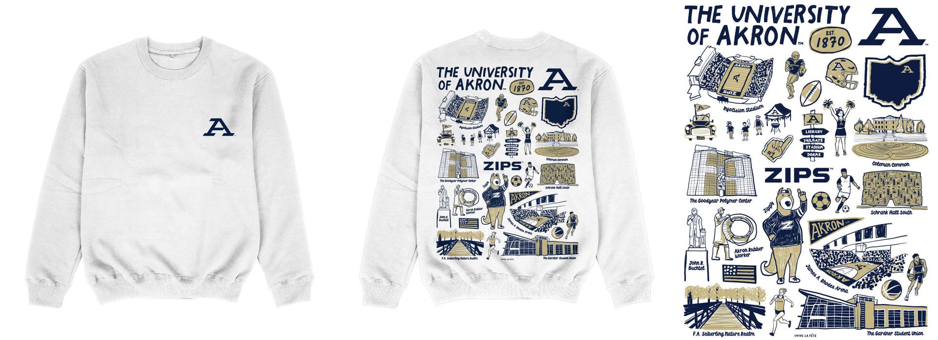 Akron Zips Hand Sketched Impressions Artwork  White Crewneck Sweatshirt for Women