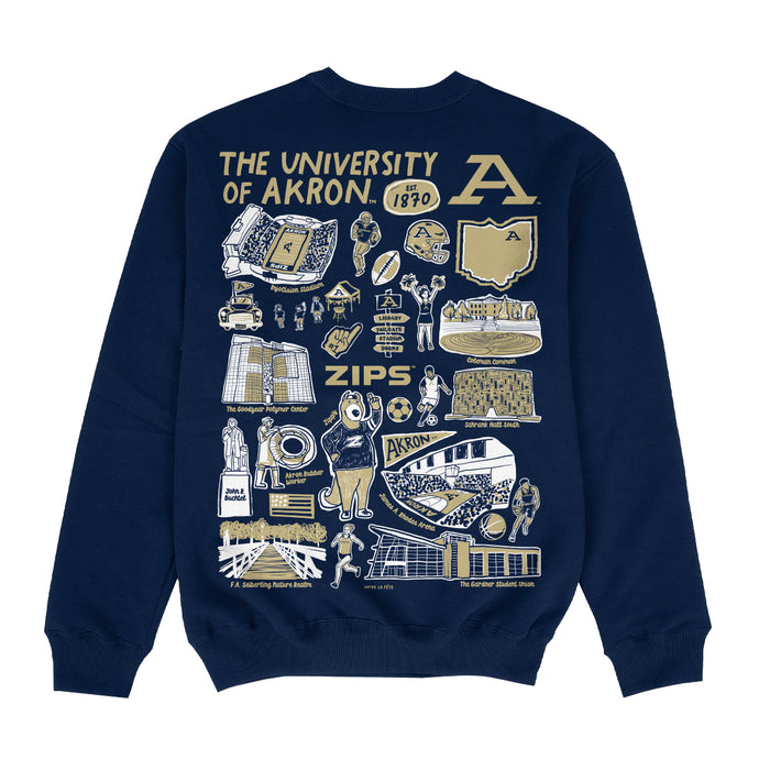 Akron Zips Hand Sketched Impressions Artwork Blue Crewneck Sweatshirt for Women