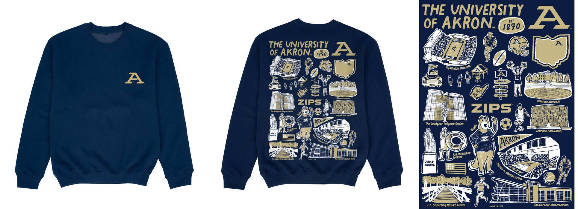 Akron Zips Hand Sketched Impressions Artwork Blue Crewneck Sweatshirt for Women