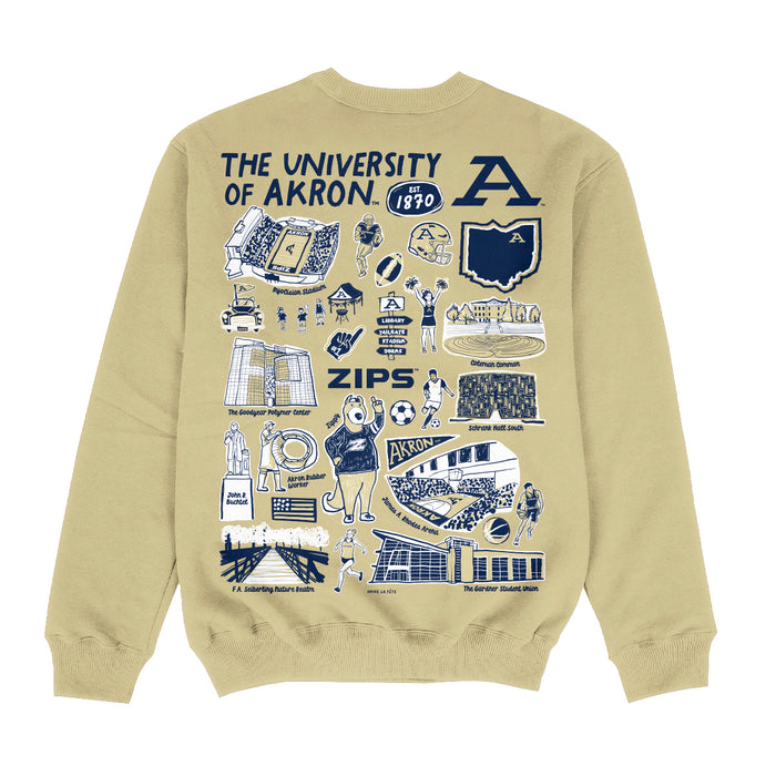 Akron Zips Hand Sketched Impressions Artwork Gold Crewneck Sweatshirt for Women