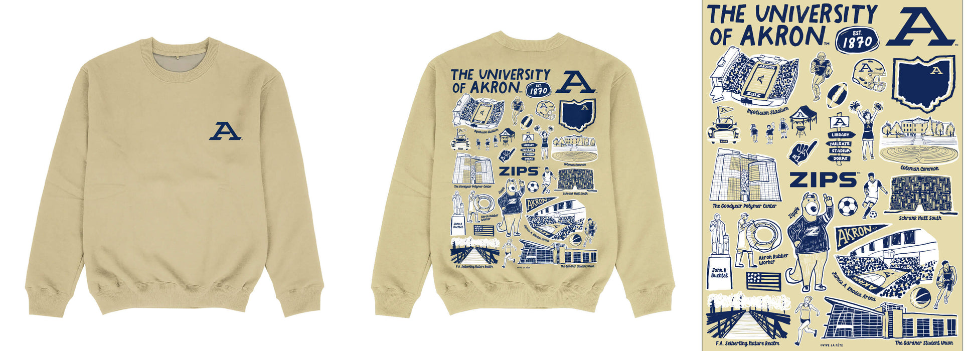 Akron Zips Hand Sketched Impressions Artwork Gold Crewneck Sweatshirt for Women