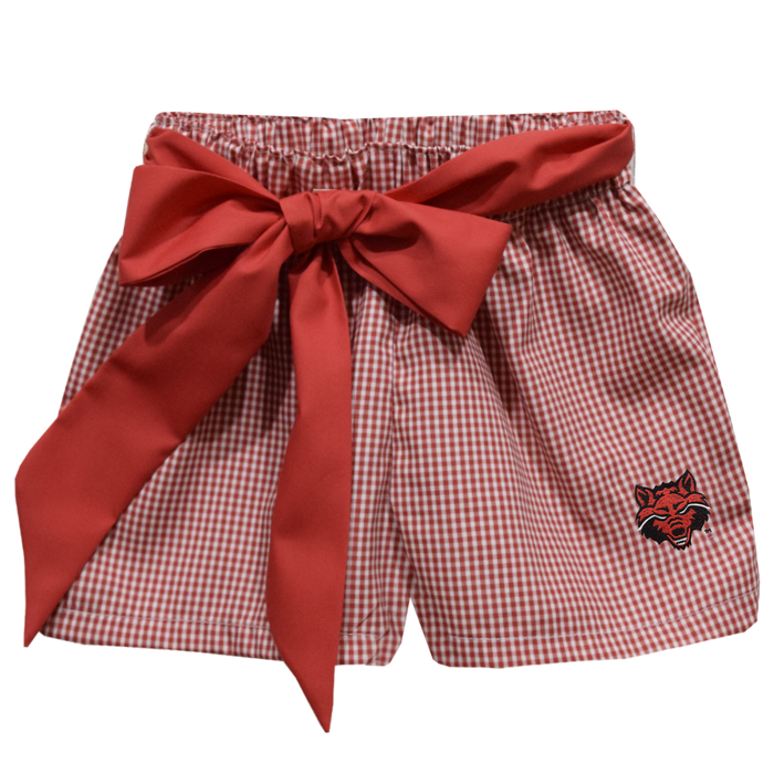 Arkansas State Red Wolves Embroidered Red Gingham Girls Short with Sash