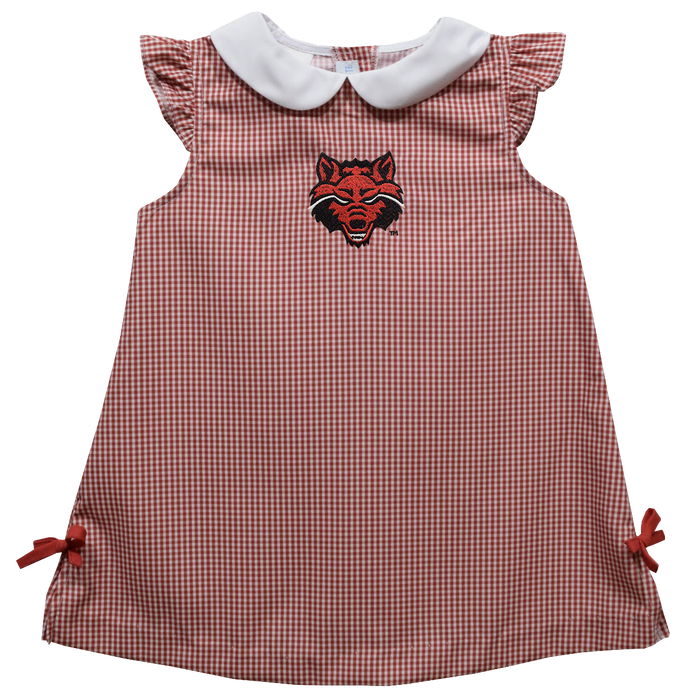 Arkansas State Red Wolves Embroidered Red Gingham A Line Dress