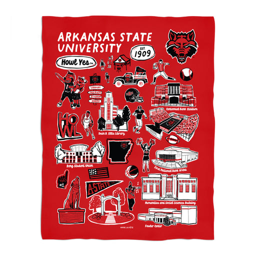 Arkansas State Red Wolves Red Hand Sketched Vive La Fete Impressions Artwork Plush Soft Minky Blanket 36 x 48