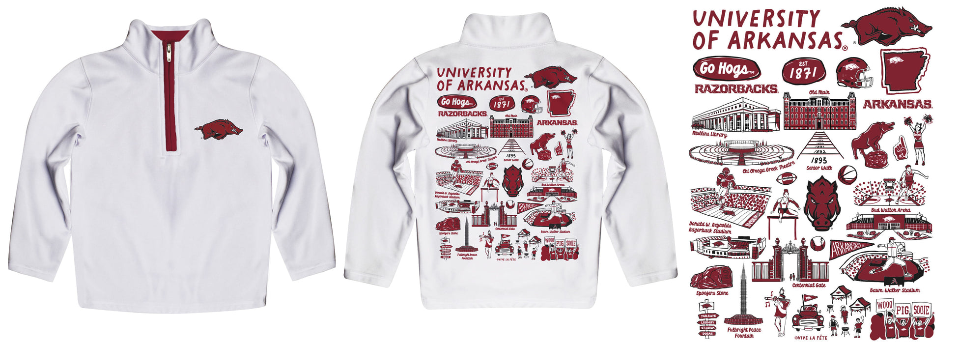 Arkansas Razorbacks Hand Sketched Vive La Fete Impressions Artwork White Boys Quarter Zip Pullover V1