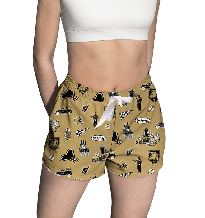 US Military ARMY Black Knights Repeat Print Hand Sketched Vive La Fete Impressions Artwork Womens Gold Lounge Shorts