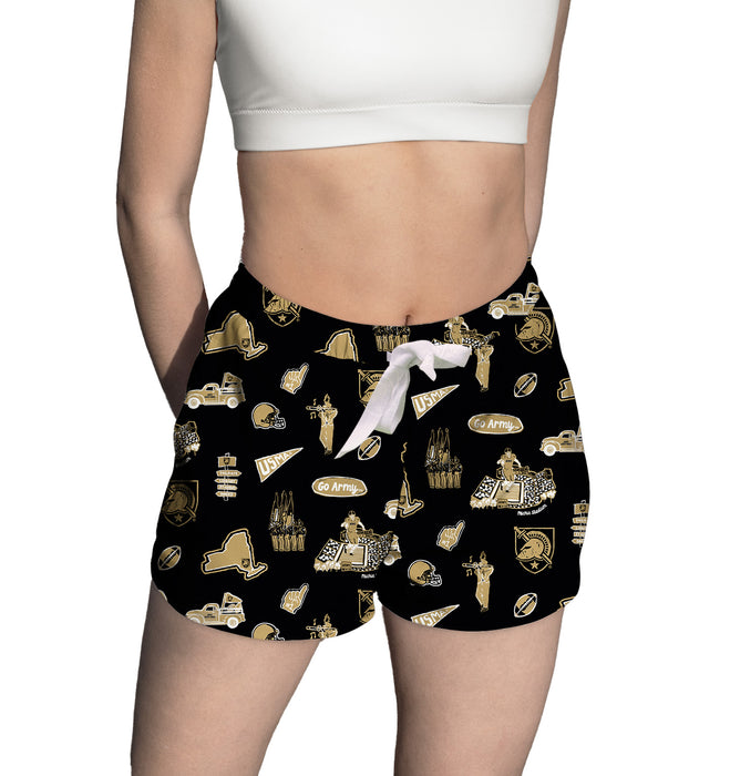 US Military ARMY Black Knights Repeat Print Hand Sketched Vive La Fete Impressions Artwork Womens Black Lounge Shorts