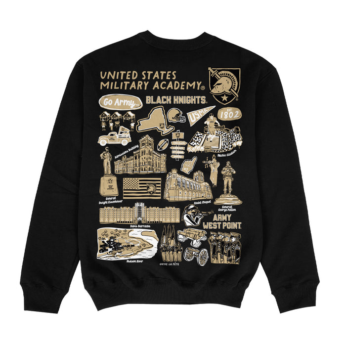 US Military ARMY Black Knights Hand Sketched Impressions Artwork Black Crewneck Sweatshirt for Women