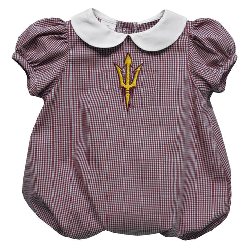 Arizona State Sun Devils Embroidered Maroon Gingham Girls Baby Bubble Short Sleeve