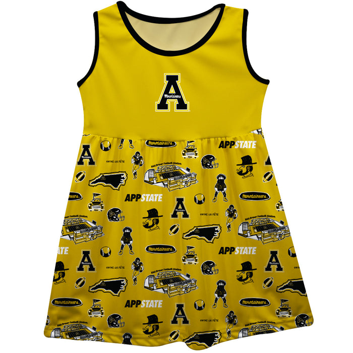 Appalachian State Mountaineers Sleeveless Tank Dress Girls Gold Repeat Print Hand Sketched Vive La Fete Impressions