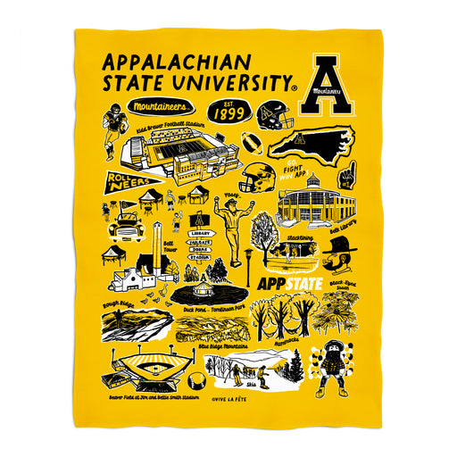 Appalachian State Mountaineers Gold Hand Sketched Vive La Fete Impressions Artwork Plush Soft Minky Blanket 36 x 48