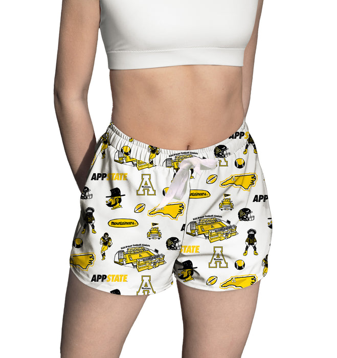 Appalachian State Mountaineers Repeat Print Hand Sketched Vive La Fete Impressions Artwork Womens White Lounge Shorts