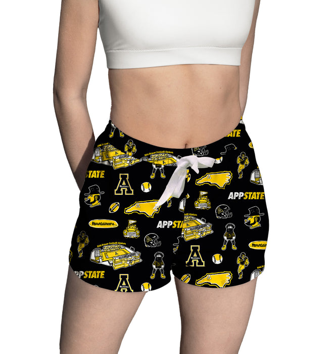 Appalachian State Mountaineers Repeat Print Hand Sketched Vive La Fete Impressions Artwork Womens Black Lounge Shorts