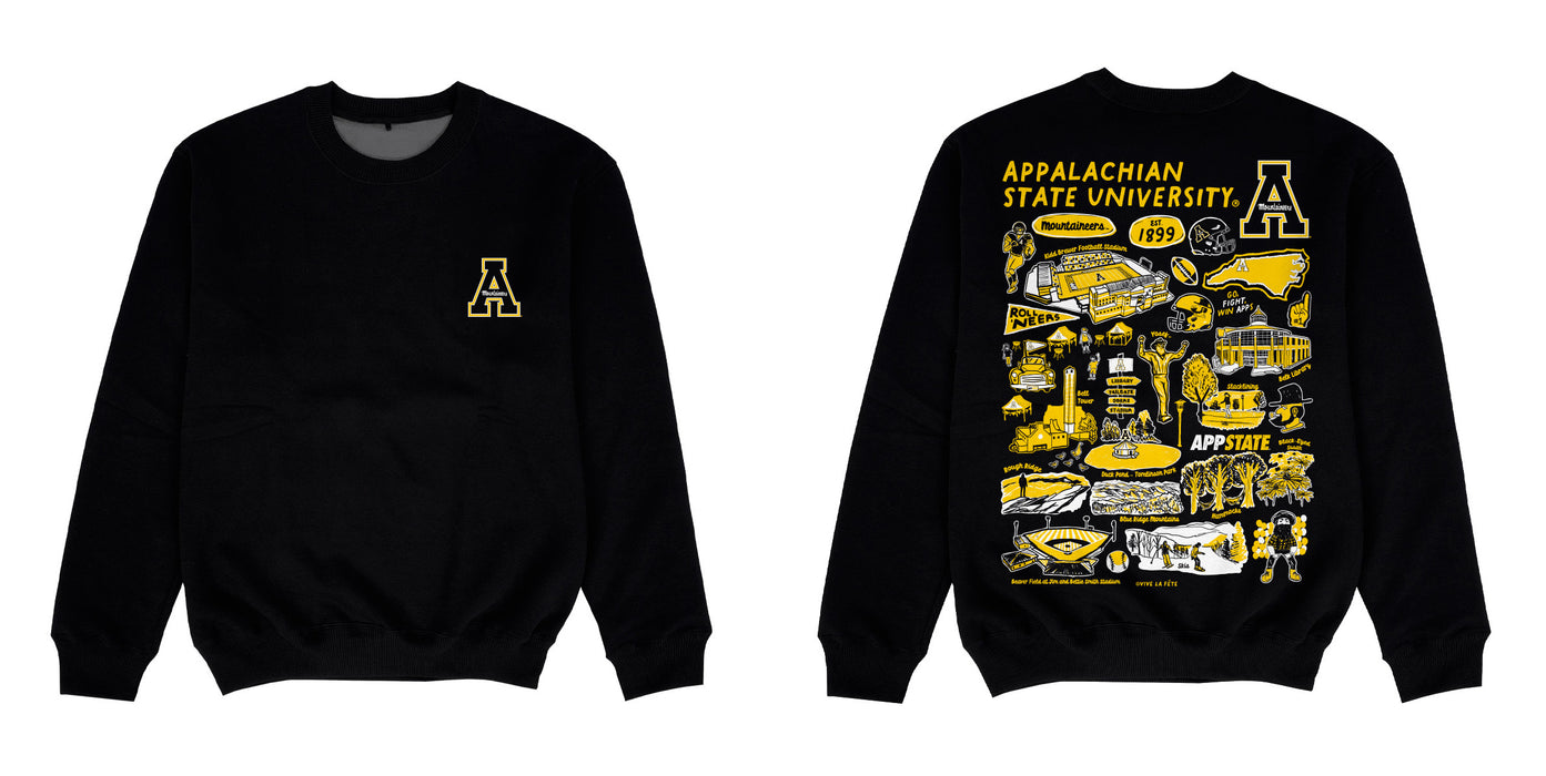 Appalachian State Mountaineers Hand Sketched Impressions Artwork Black Crewneck Sweatshirt for Women