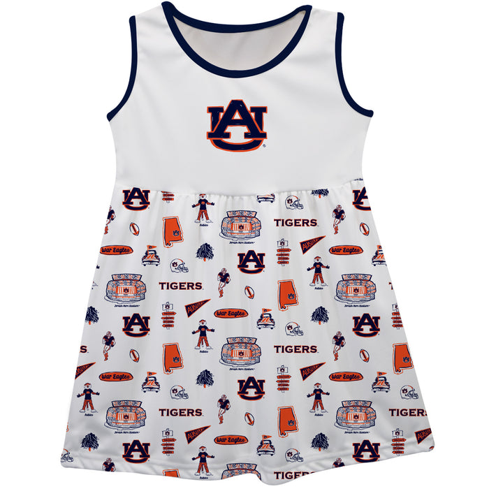 AuburN Tigers Sleeveless Tank Dress Girls White Logo and Repeat Print Hand Sketched Vive La Fete Impressions Artwork