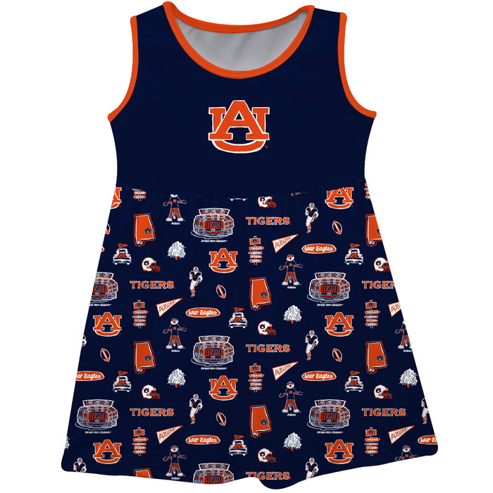 Auburn Tigers Sleeveless Tank Dress Girls Navy Logo and Repeat Print Hand Sketched Vive La Fete Impressions Artwork