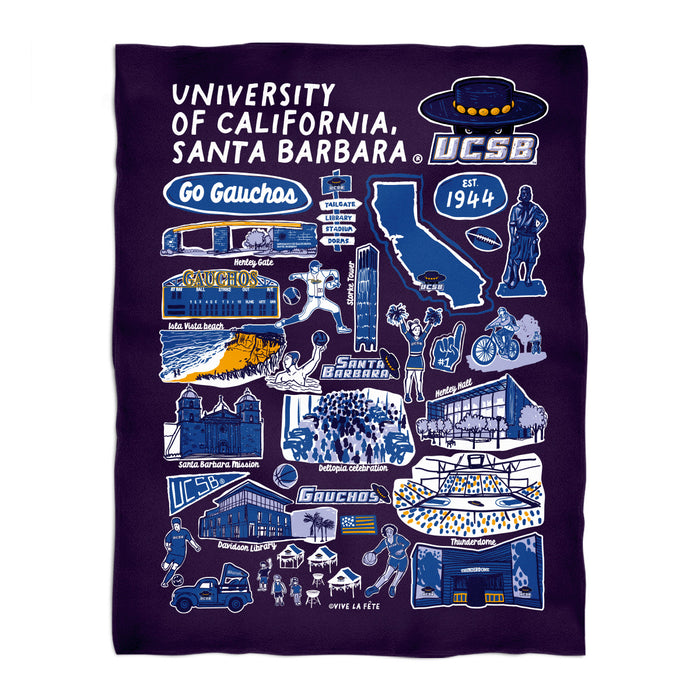 UC Santa Barbara Gauchos UCSB Black Hand Sketched Vive La Fete Impressions Artwork Plush Soft Minky Blanket 36 x 48