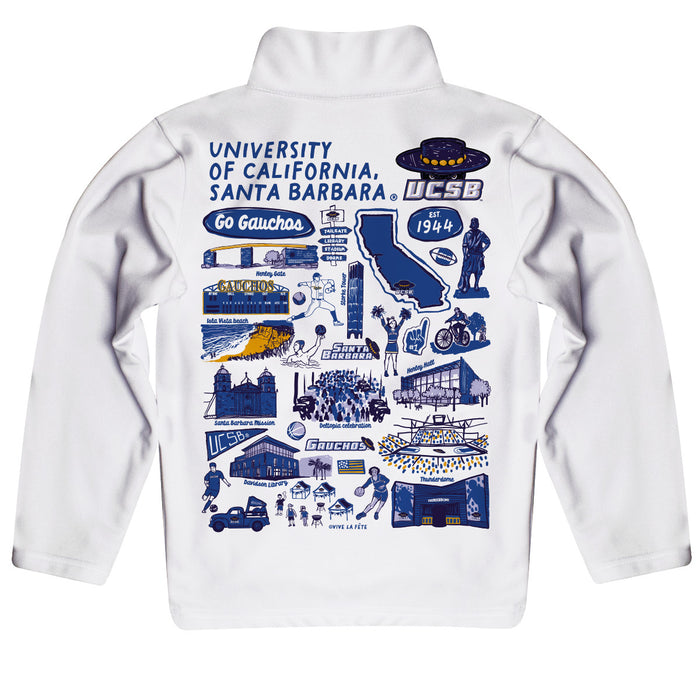 UC Santa Barbara Gauchos UCSB Hand Sketched Vive La Fete Impressions Artwork White Boys Quarter Zip Pullover V1