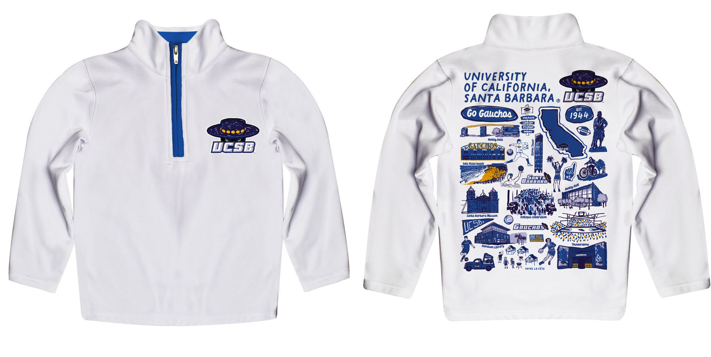 UC Santa Barbara Gauchos UCSB Hand Sketched Vive La Fete Impressions Artwork White Boys Quarter Zip Pullover V1