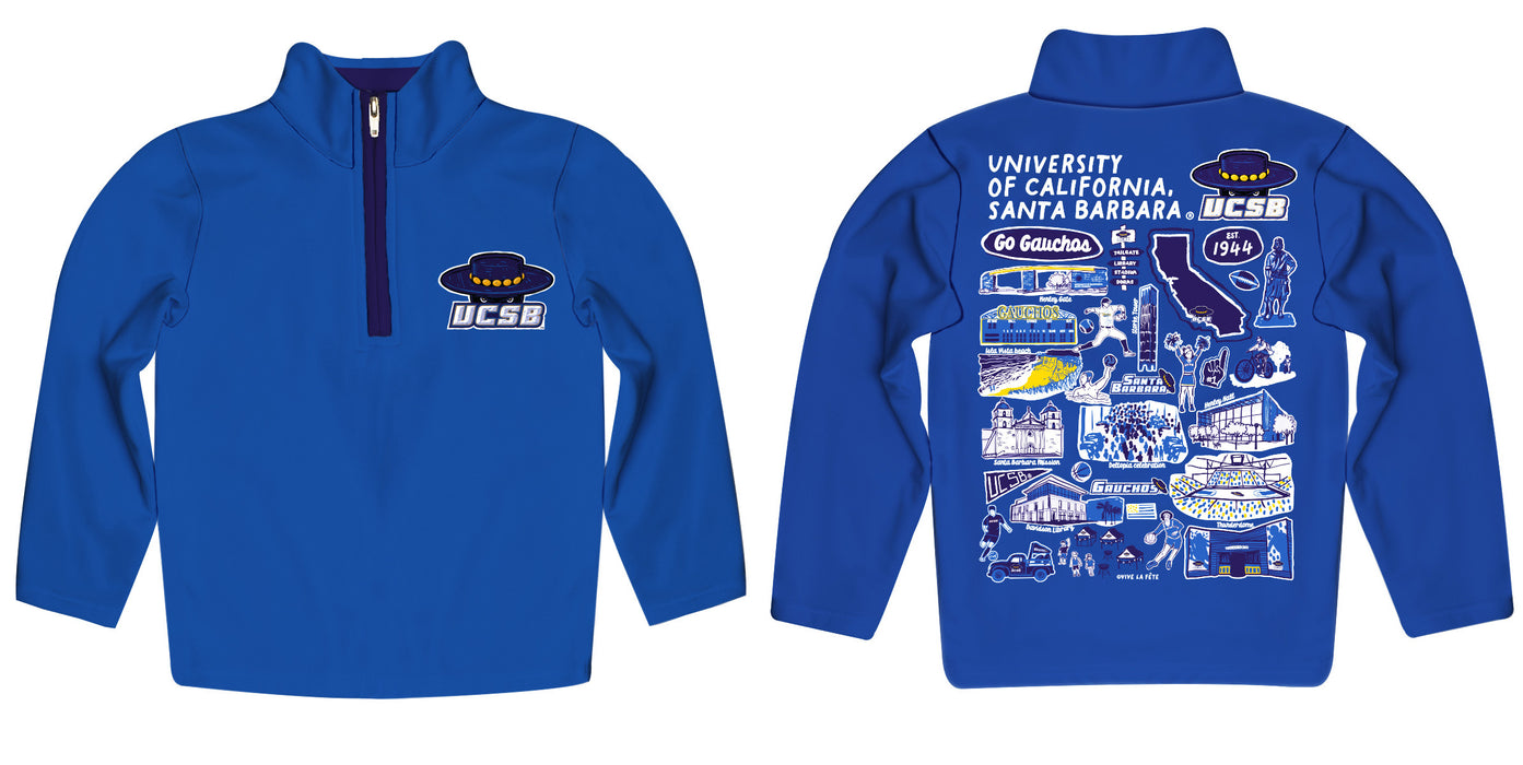 UC Santa Barbara Gauchos UCSB Hand Sketched Vive La Fete Impressions Artwork Blue Boys Quarter Zip Pullover V1