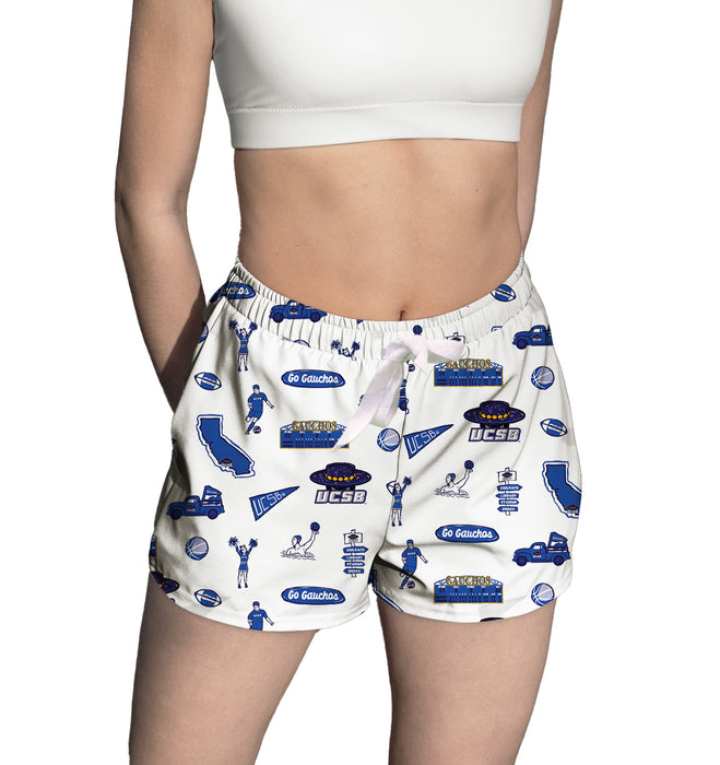 UC Santa Barbara Gauchos UCSB Repeat Print Hand Sketched Vive La Fete Impressions Artwork Womens White Lounge Shorts