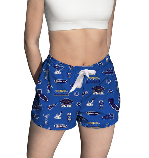 UC Santa Barbara Gauchos UCSB Repeat Print Hand Sketched Vive La Fete Impressions Artwork Womens Blue Lounge Shorts