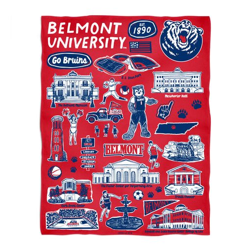 Belmont University Bruins Red Hand Sketched Vive La Fete Impressions Artwork Plush Soft Minky Blanket 36 x 48