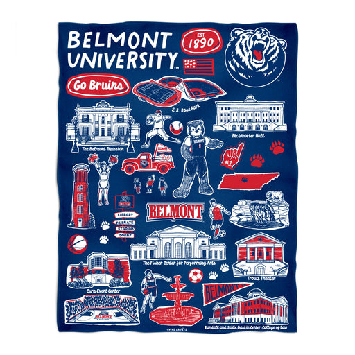 Belmont University Bruins Blue Hand Sketched Vive La Fete Impressions Artwork Plush Soft Minky Blanket 36 x 48