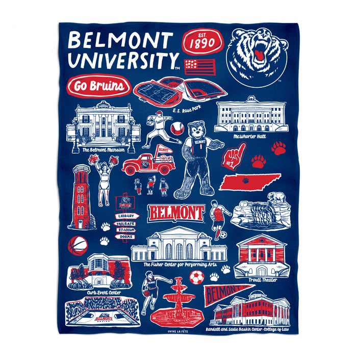 Belmont University Bruins Blue Hand Sketched Vive La Fete Impressions Artwork Plush Soft Minky Blanket 36 x 48