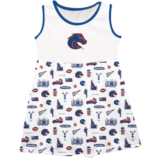 Boise State University Broncos Sleeveless Tank Dress Girls White Repeat Print Hand Sketched Vive La Fete Impressions