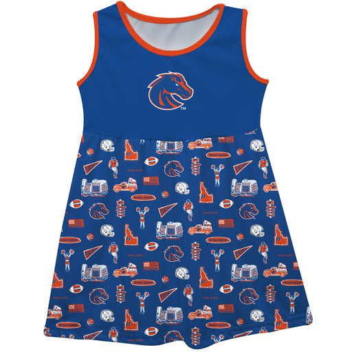 Boise State University Broncos Sleeveless Tank Dress Girls Blue Repeat Print Hand Sketched Vive La Fete Impressions