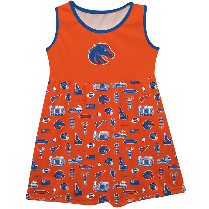 Boise State University Broncos Sleeveless Tank Dress Girls Orange Repeat Print Hand Sketched Vive La Fete Impressions